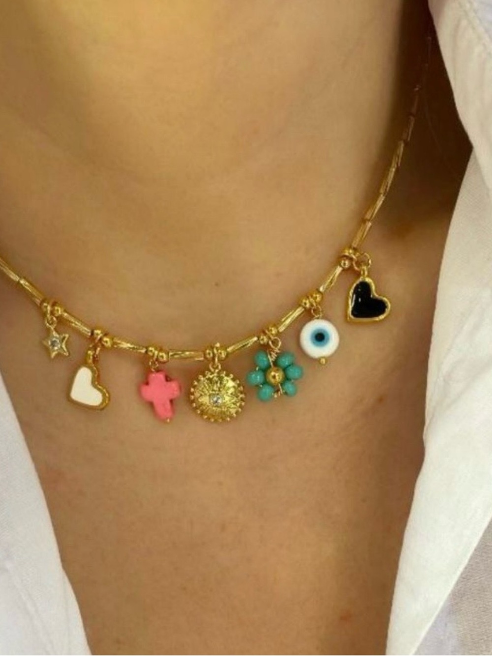 Gold Charm Necklace with Multicolor Enamel Charms